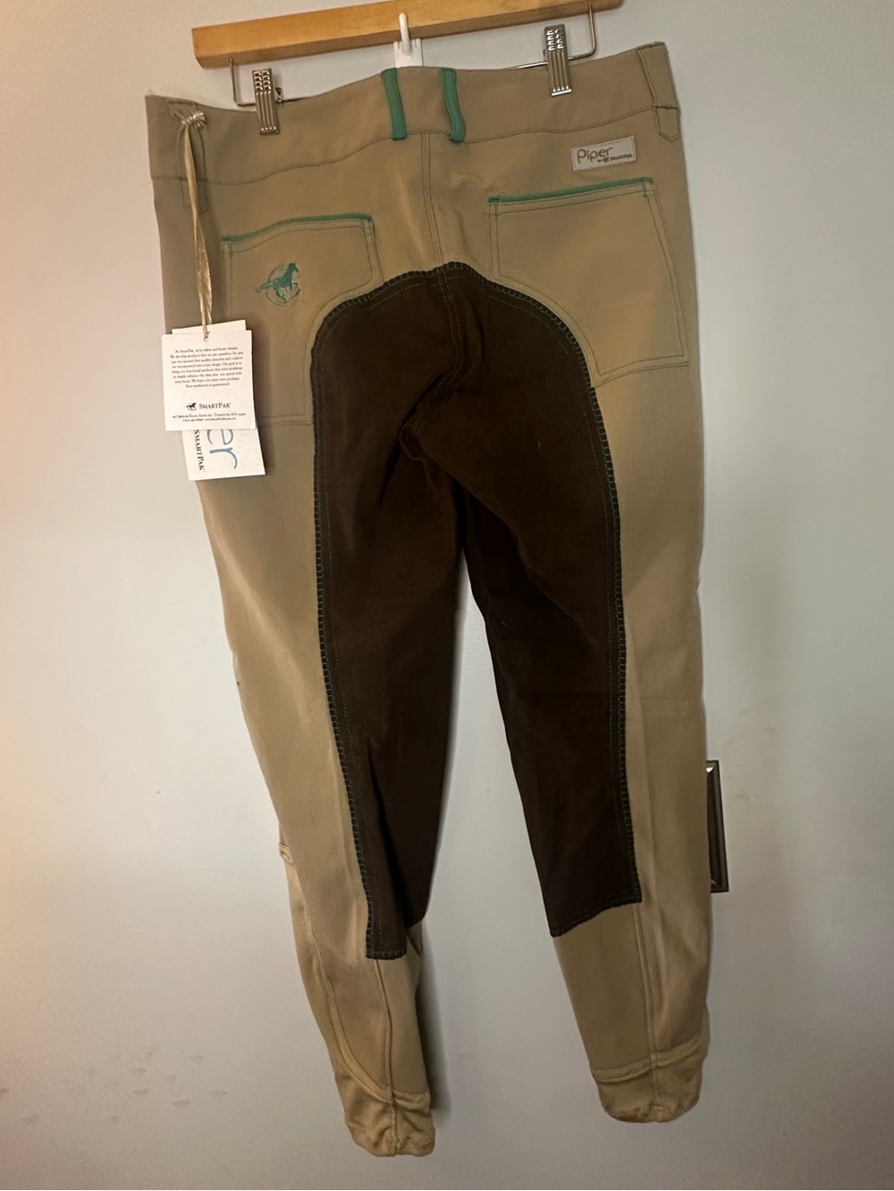 Piper Tan Riding Breeches with teal trim suede full seat equestrian pants NWT - Picture 2 of 6